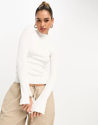 River Island ribbed top with frilled sleeve in white