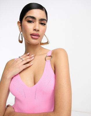 River Island ring detail ribbed knit tank top in bright pink
