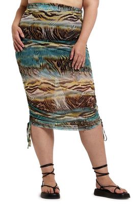 River Island Ruched Animal Print Mesh Midi Skirt in Bright Blue