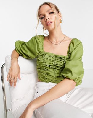 River Island ruched tea blouse in khaki-Green