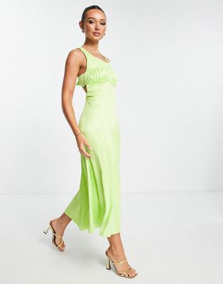 River Island rushed bodice bow back satin midi dress in lime-Green