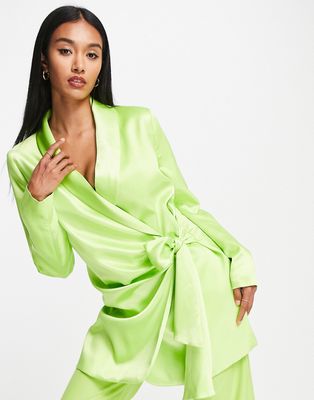 River Island satin belted blazer dress in green - part of a set-Yellow