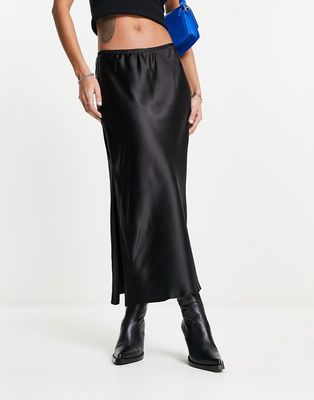 River Island satin bias midi skirt with side slit detail in black