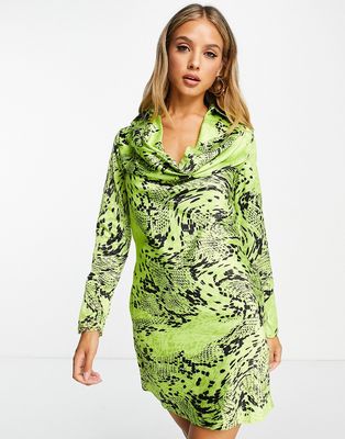 River Island satin cowl neck warped snake print mini dress in green