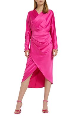 River Island Satin Faux Wrap Midi Dress in Bright Pink