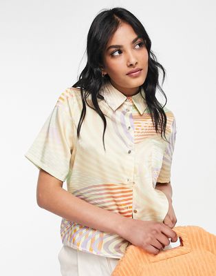 River Island satin printed boxy crop shirt in yellow