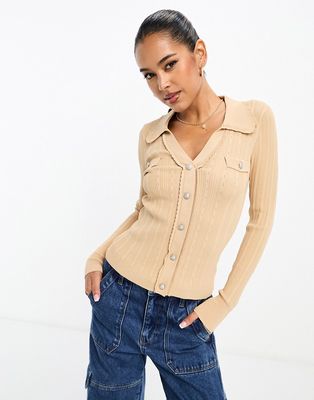 River Island scallop ribbed polo top in light brown