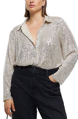 River Island Sequin Button-Up Shirt in Silver