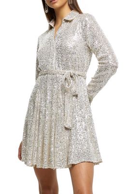 River Island Sequin Long Sleeve Shirtdress in Silver