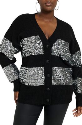 River Island Sequin Stripe V-Neck Sweater in Black