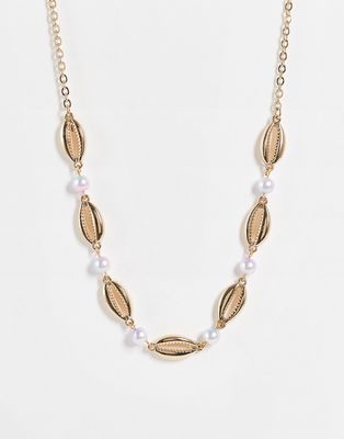 River Island shell and faux pearl necklace on gold tone