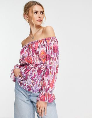 River Island shirred waist off the shoulder top in pink
