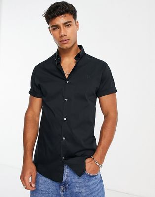 River Island short sleeve embroidered muscle fit shirt in black