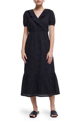 River Island Short Sleeve Faux Wrap Broderie Anglaise Cotton Dress in Black
