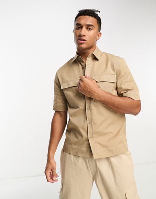 River Island short sleeve utility double pocket shirt in stone-Neutral