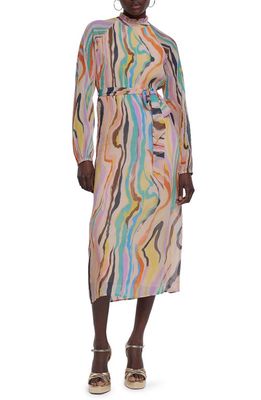 River Island Sienna Abstract Print Pleated Belted Long Sleeve Midi Dress in Beige