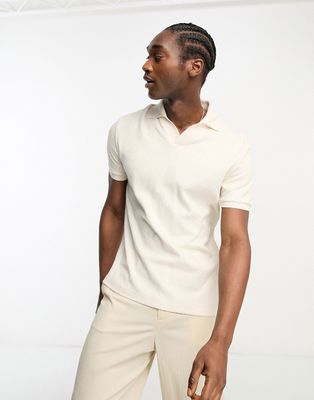River Island slim textured open neck polo in ecru-Neutral