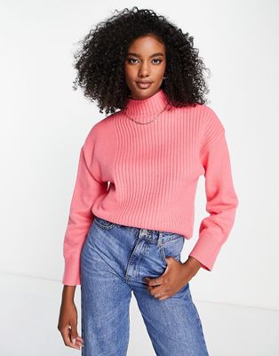 River Island spliced front ribbed sweater in bright pink-Green