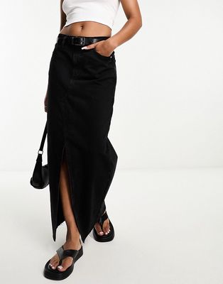 River Island split front denim maxi skirt in black