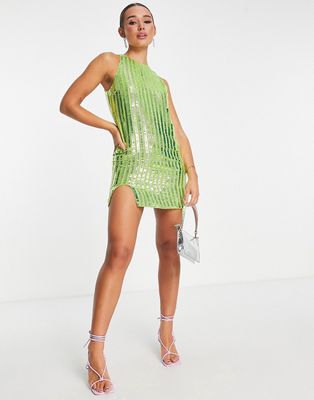 River Island square neck embellished mini dress in lime-Green