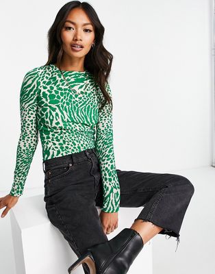 River Island strappy back bodysuit in green animal print