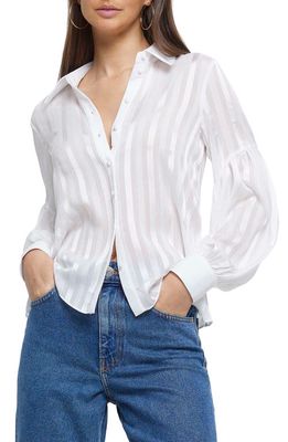 River Island Stripe Bishop Sleeve Chiffon Button-Up Blouse in White
