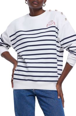 River Island Stripe Button Detail Sweatshirt in White