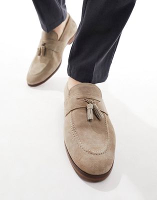 River Island suede tassel loafers in stone-Neutral