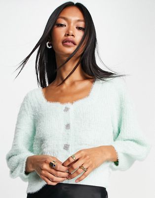 River Island sweetheart button up fluffy sweater in green - part of a set