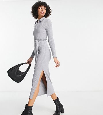 River Island Tall button up ribbed midi dress in gray