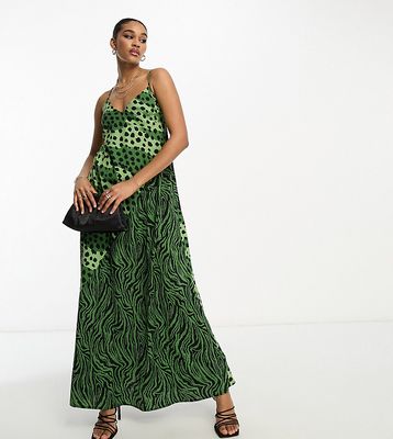 River Island Tall maxi slip dress in khaki mix animal print-Green