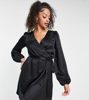 River Island Tall satin wrap mini dress in black