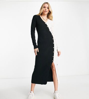 River Island Tall wrap button detail knitted midi dress in multi-Black