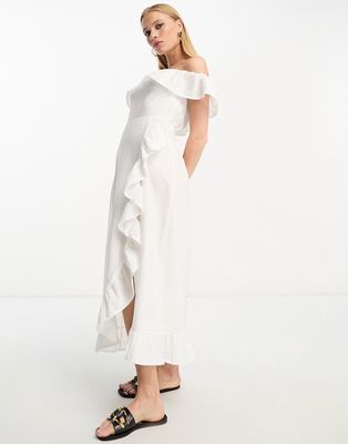 River Island textured bardot frill midi dress in white