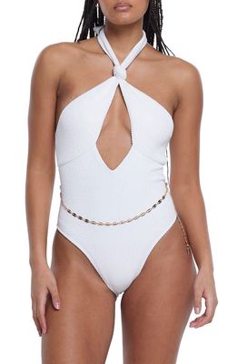 River Island Textured Chain Belt One-Piece Swimsuit in Cream