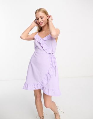 River Island textured frill wrap mini dress in lilac-Purple