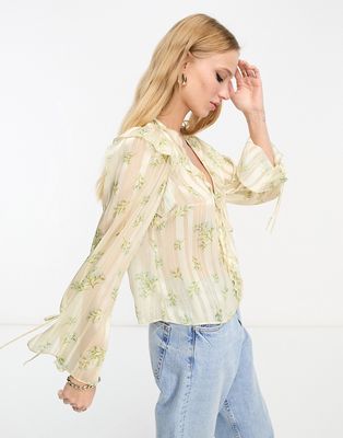 River Island tie front ruffle chiffon blouse in cream floral-White