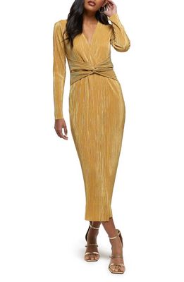 River Island Twist Front Long Sleeve Plissé Midi Dress in Gold
