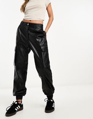 River Island utility faux leather cargo pants in black