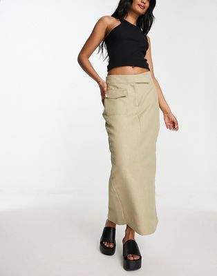 River Island utility midi skirt in khaki-Green
