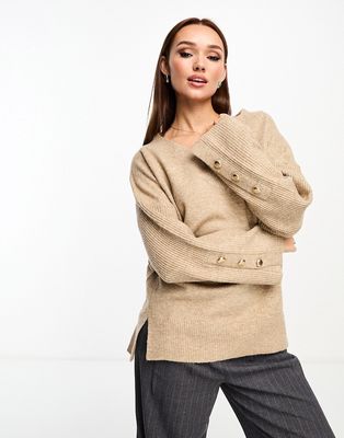 River Island v-neck sweater in beige-Neutral