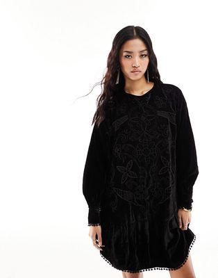River Island velvet embroidered mini smock dress in black