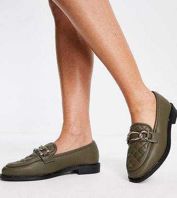 River Island Wide Fit chain detail quilted loafers in olive-Green