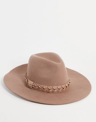 River Island woven trim fedora hat in beige-Neutral