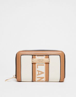 River Island zip up wallet with logo detail in cream-White