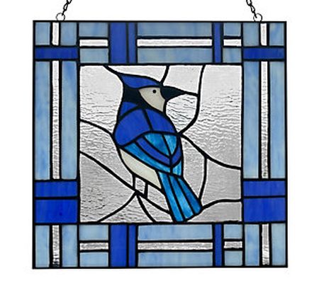 River of Goods 11"H Blue Jay Stained Glass Wind ow Panel