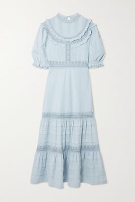 RIXO - Rosa Crocheted Lace-trimmed Cotton Maxi Dress - Blue