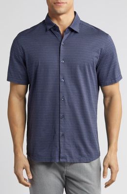 Robert Barakett Warman Stripe Short Sleeve Knit Button-Up Shirt in Blue
