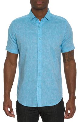 Robert Graham Bennett Slub Short Sleeve Linen & Cotton Button-Up Shirt in Teal