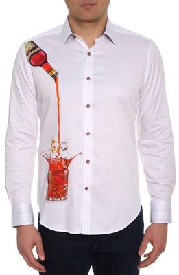 Robert Graham Bevande Embroidered Drink Print Stretch Cotton Button-Up Shirt in White